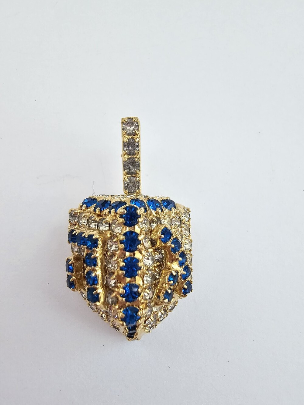 Vintage Signed Dorothy Bauer Rhinestone Hanukkah Dreidel Brooch Pin - Sapphire